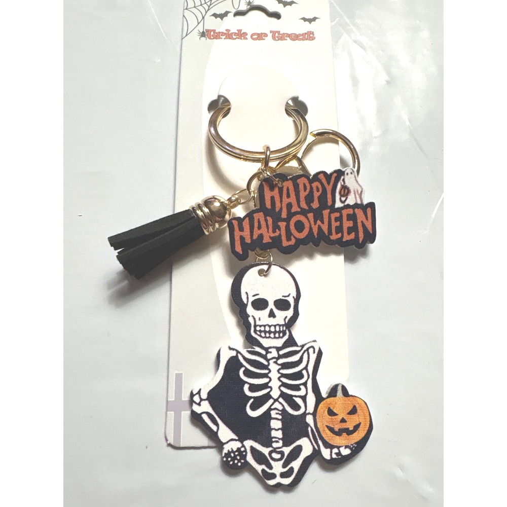 Trick or Treat Halloween Skeleton Pumpkin Tassel Keychain Gold Tone New
